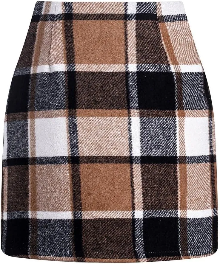 Plaid Mini Skirt for Women High Waist A Line Bodycon Pencil Fall Skirts Comfy Wool Mini Skirts Sexy Plaid Skirt
