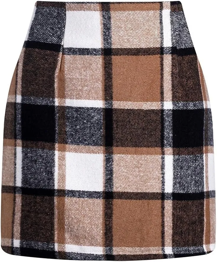 Plaid Mini Skirt for Women High Waist A Line Bodycon Pencil Fall Skirts Comfy Wool Mini Skirts Sexy Plaid Skirt
