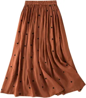 Polka Dot Skirts for Women Midi Length Casual Drawstring Elastic Waisted Swing A-Line Pleated Skirt