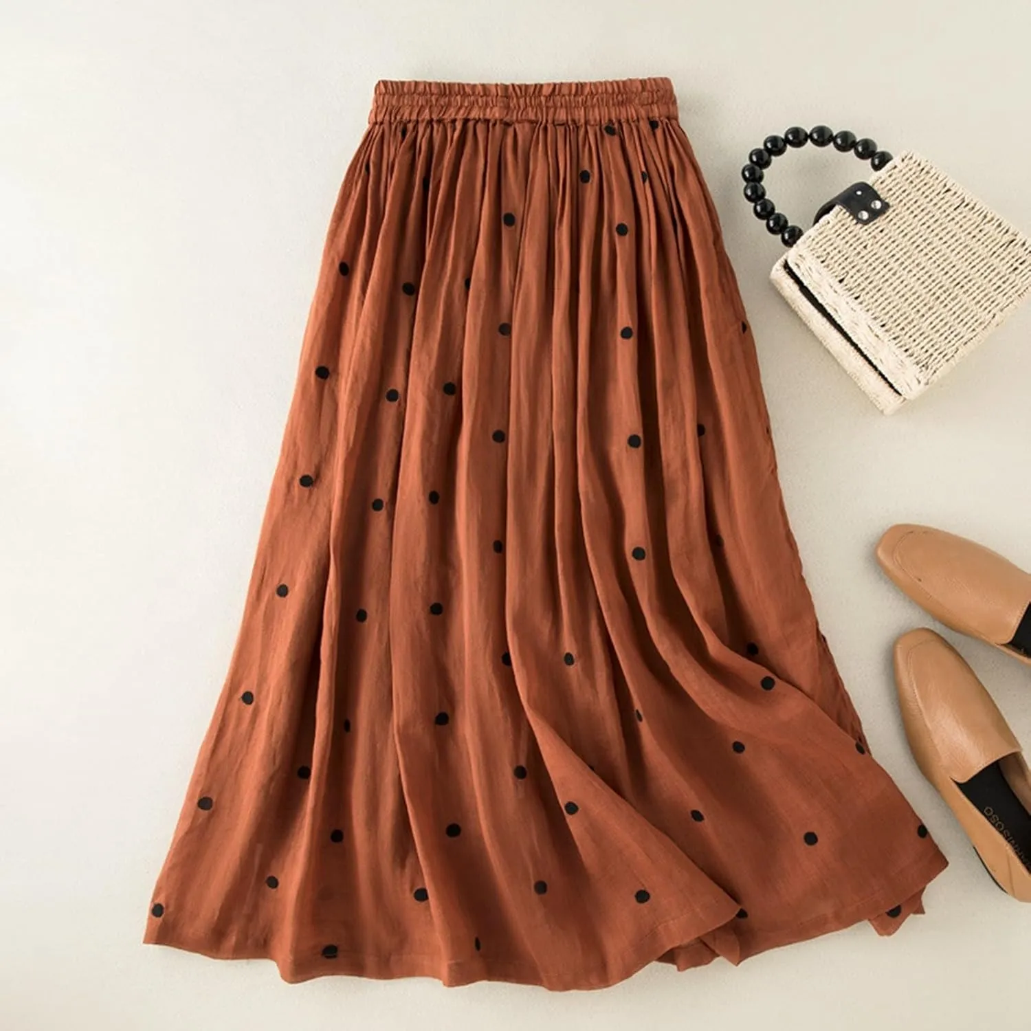 Polka Dot Skirts for Women Midi Length Casual Drawstring Elastic Waisted Swing A-Line Pleated Skirt