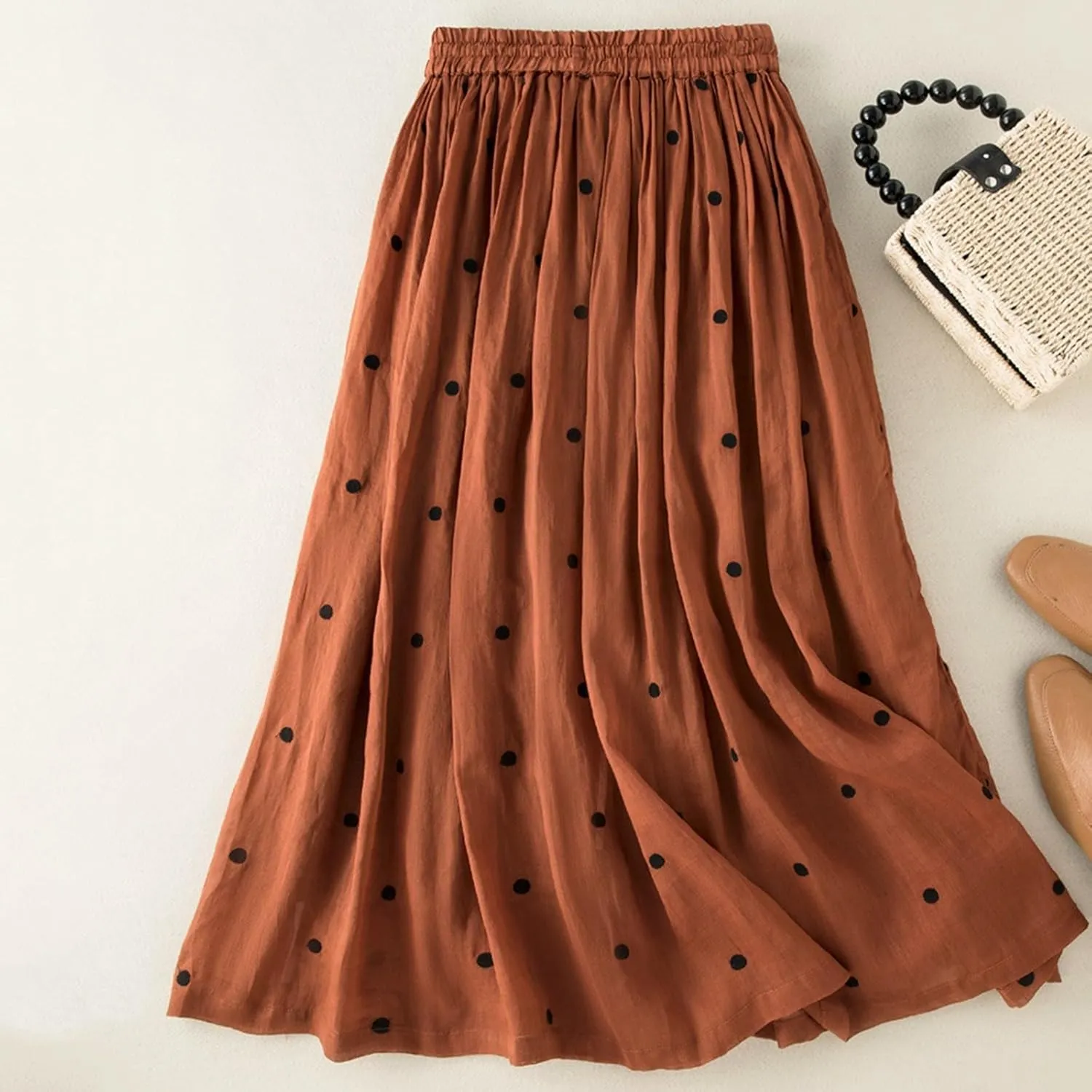 Polka Dot Skirts for Women Midi Length Casual Drawstring Elastic Waisted Swing A-Line Pleated Skirt