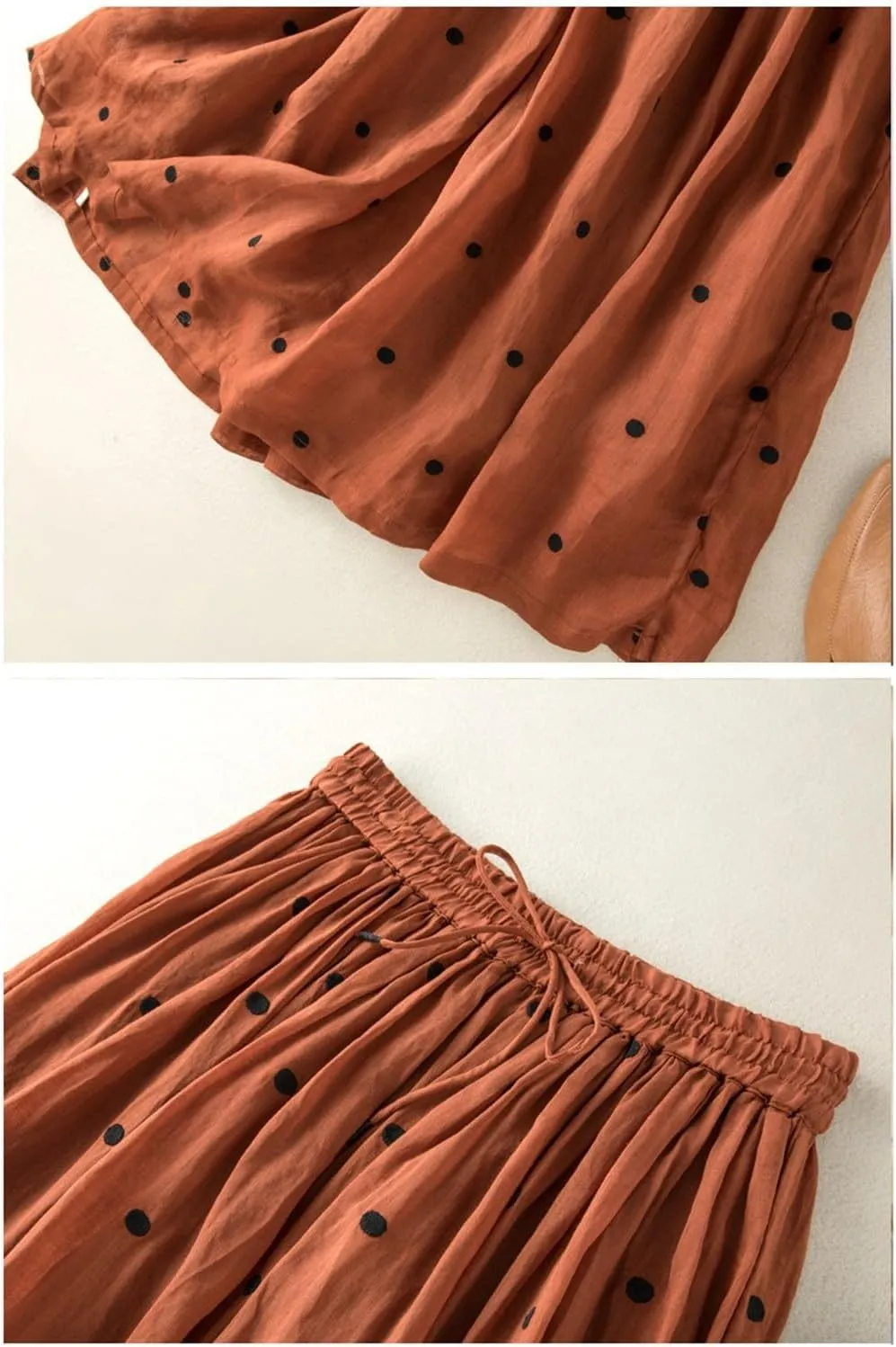 Polka Dot Skirts for Women Midi Length Casual Drawstring Elastic Waisted Swing A-Line Pleated Skirt