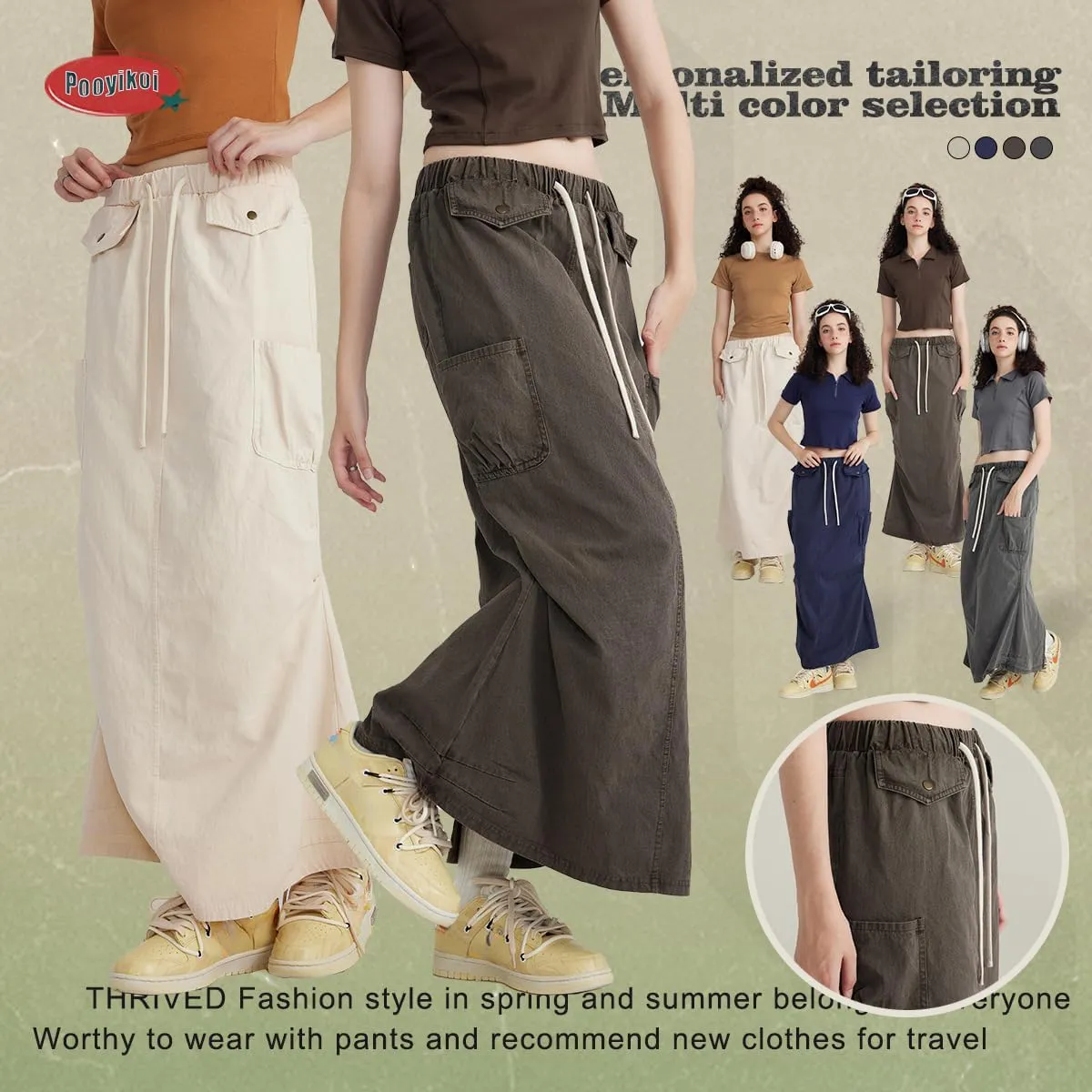 Pooyikoi Women's High Waist Pencil Skirt Elastic Trendy Skirts Casual Office Work Skirts Back Slit Knee Length Midi Skirts