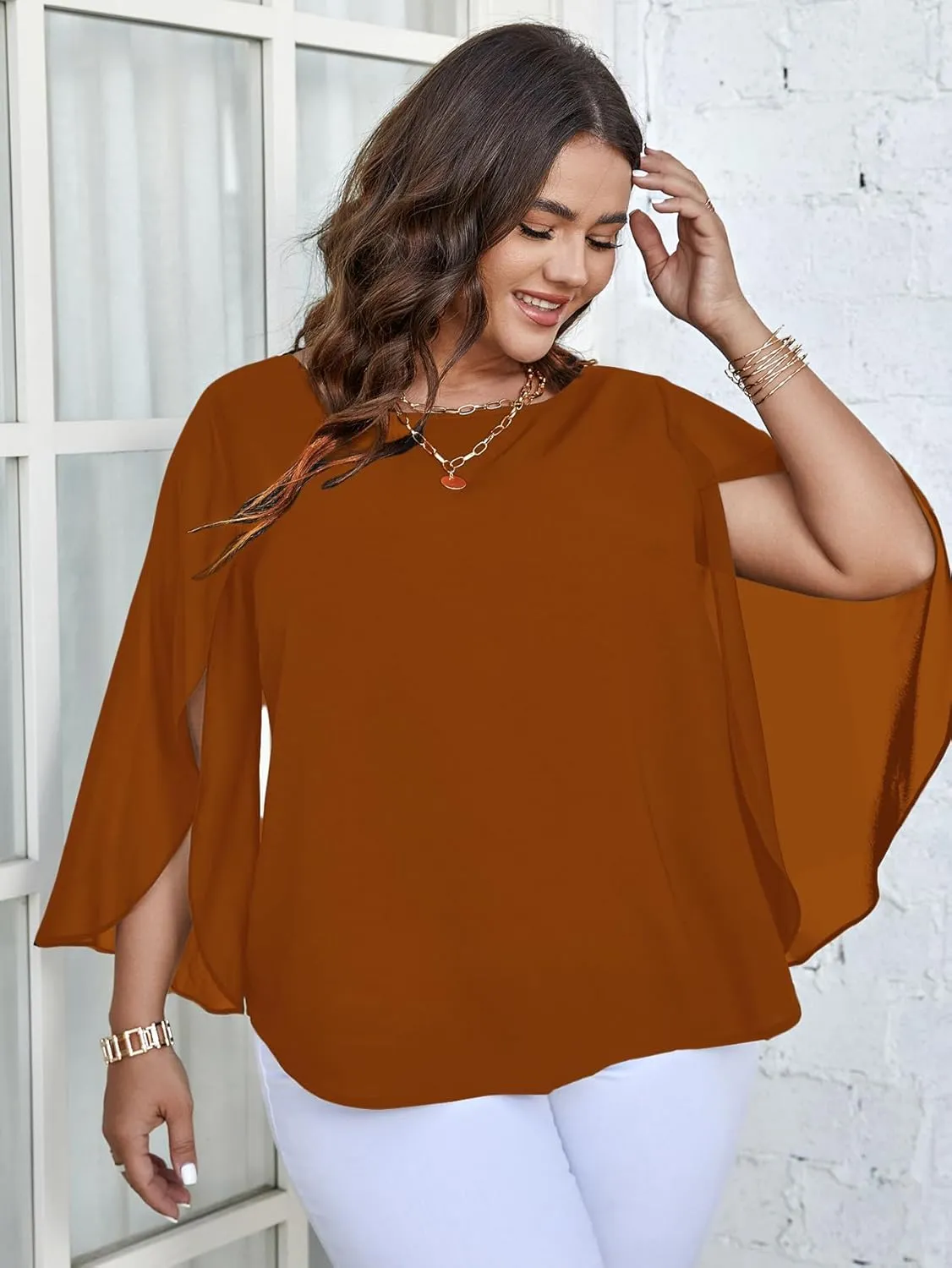 SCOMCHIC Plus Size Blouses for Women Summer Chiffon 3/4 Sleeve Tunic Tops Dressy Scoop Neck Casual Loose Flowy Shirts