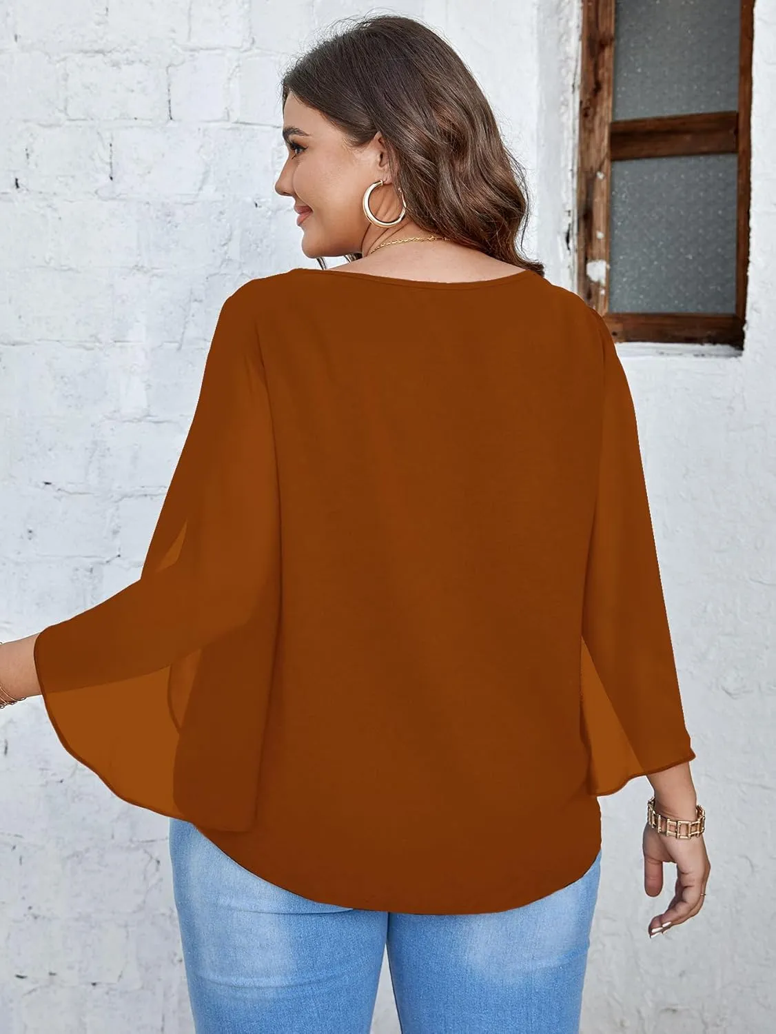 SCOMCHIC Plus Size Blouses for Women Summer Chiffon 3/4 Sleeve Tunic Tops Dressy Scoop Neck Casual Loose Flowy Shirts
