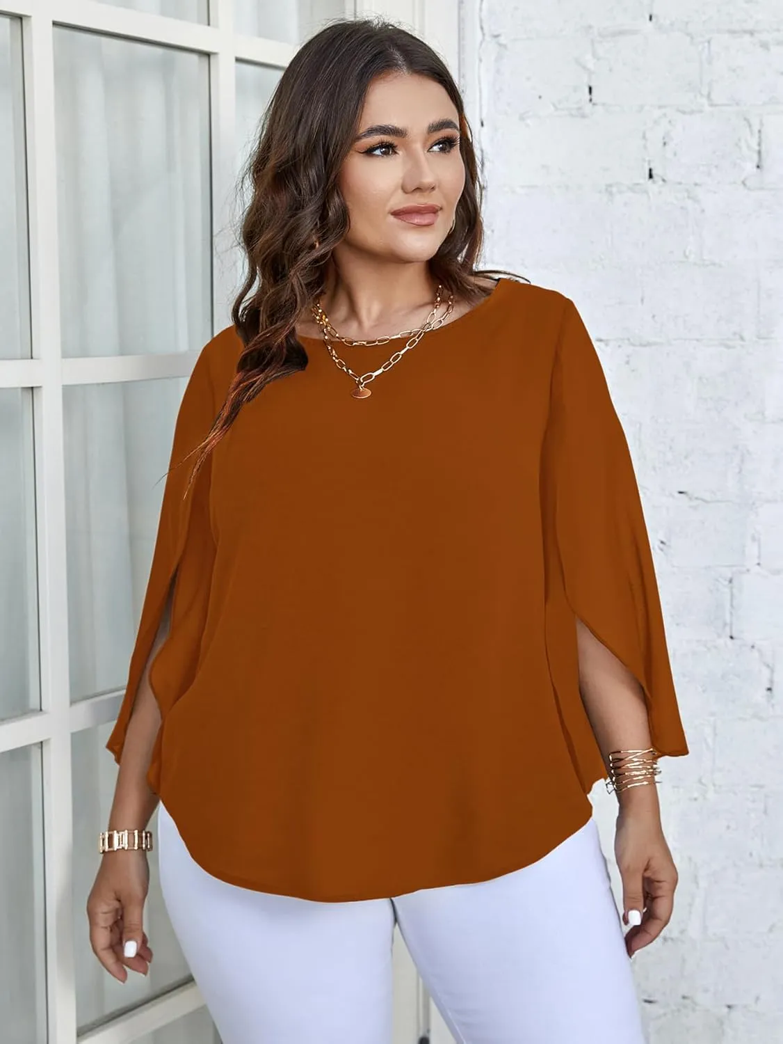 SCOMCHIC Plus Size Blouses for Women Summer Chiffon 3/4 Sleeve Tunic Tops Dressy Scoop Neck Casual Loose Flowy Shirts