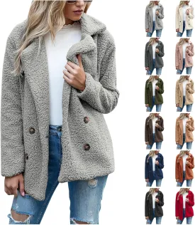 Sherpa Jacket Women Button Down Fuzzy Fleece Jacket with Pockets Winter Casual Lapel Neck Faux Fur Coat Outerwear