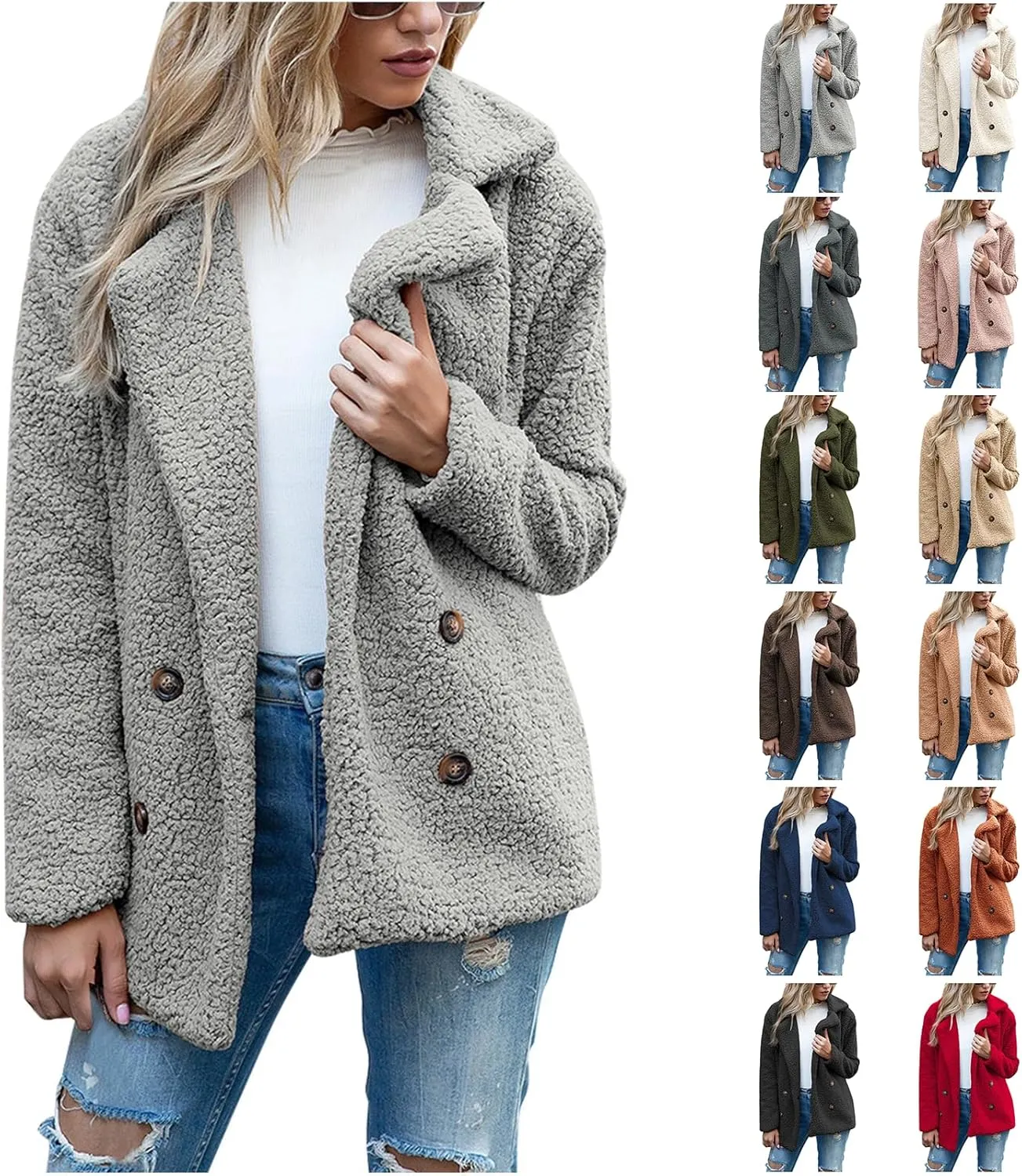 Sherpa Jacket Women Button Down Fuzzy Fleece Jacket with Pockets Winter Casual Lapel Neck Faux Fur Coat Outerwear