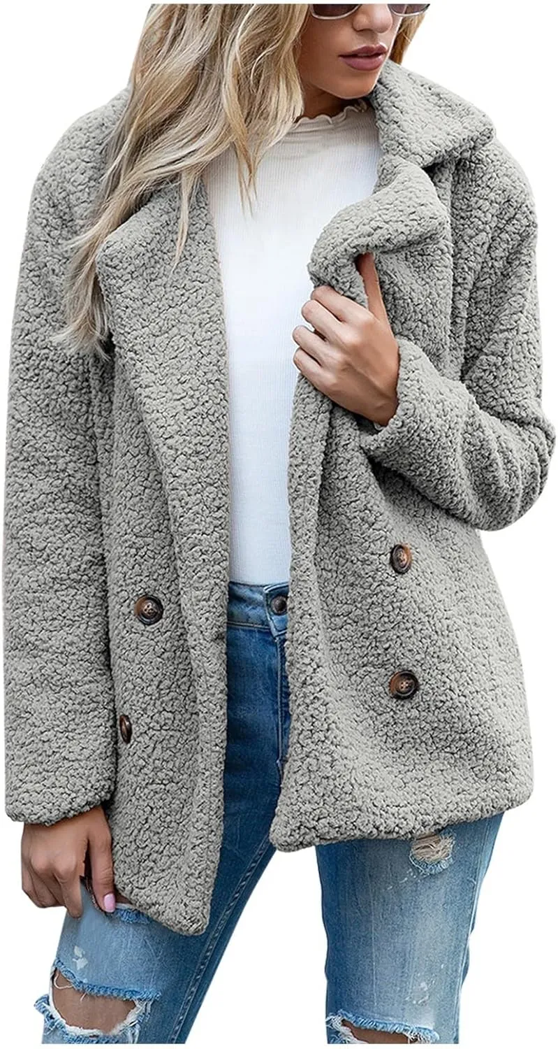 Sherpa Jacket Women Button Down Fuzzy Fleece Jacket with Pockets Winter Casual Lapel Neck Faux Fur Coat Outerwear
