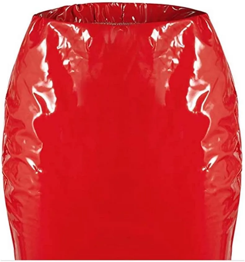 Springcmy Women Neon Leather Bodycon Mini Skirt Skirts Sexy Shiny Liquid Metallic Wet Look Latex Skirt