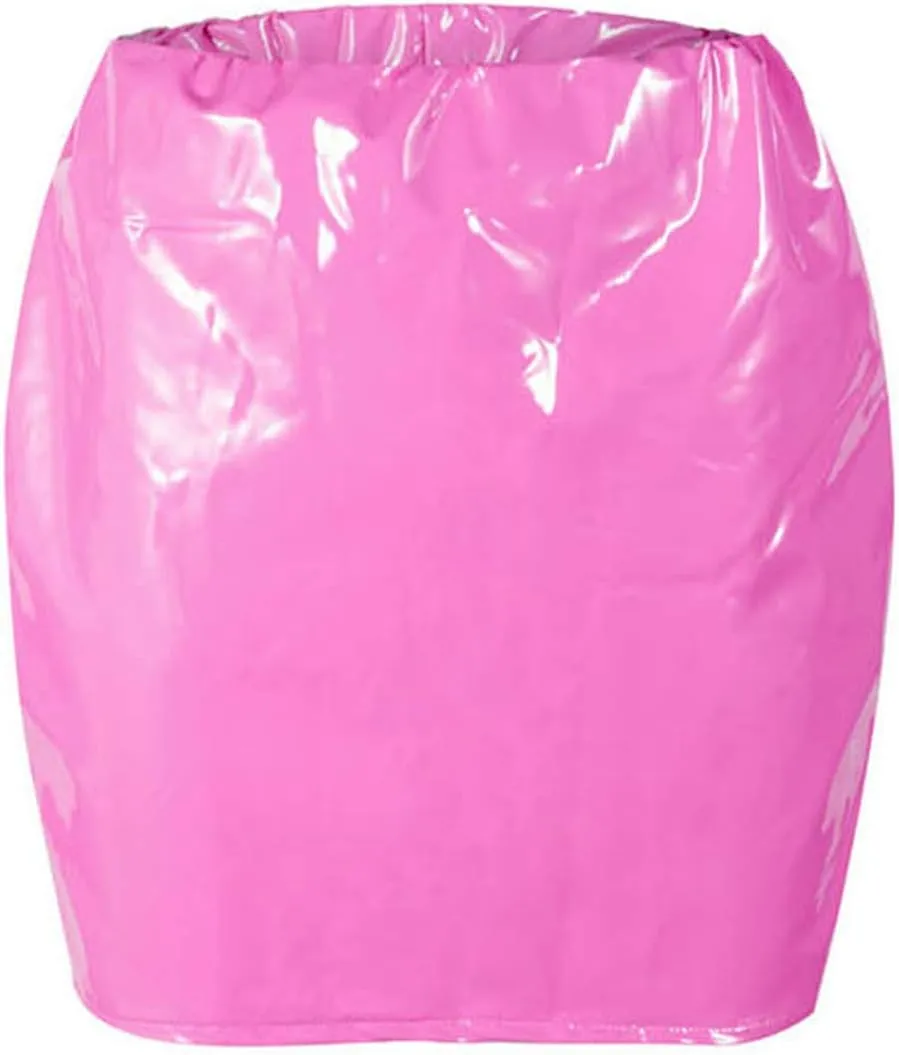 Springcmy Women Neon Leather Bodycon Mini Skirt Skirts Sexy Shiny Liquid Metallic Wet Look Latex Skirt