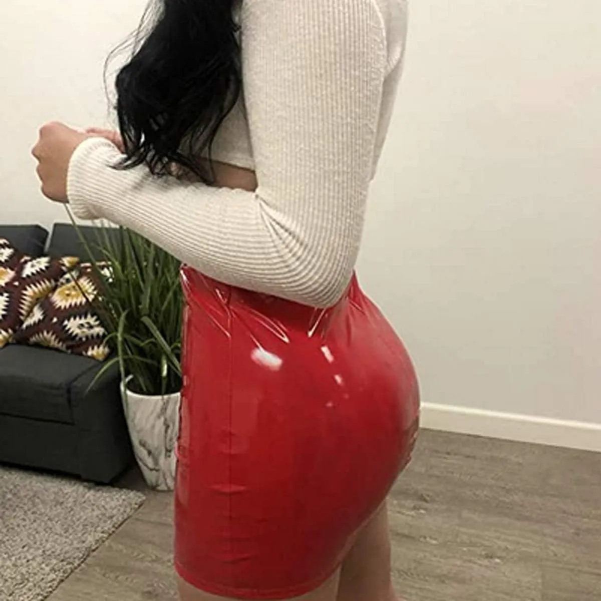 Springcmy Women Neon Leather Bodycon Mini Skirt Skirts Sexy Shiny Liquid Metallic Wet Look Latex Skirt