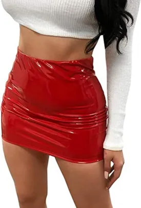 Springcmy Women Neon Leather Bodycon Mini Skirt Skirts Sexy Shiny Liquid Metallic Wet Look Latex Skirt