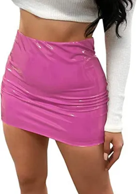 Springcmy Women Neon Leather Bodycon Mini Skirt Skirts Sexy Shiny Liquid Metallic Wet Look Latex Skirt