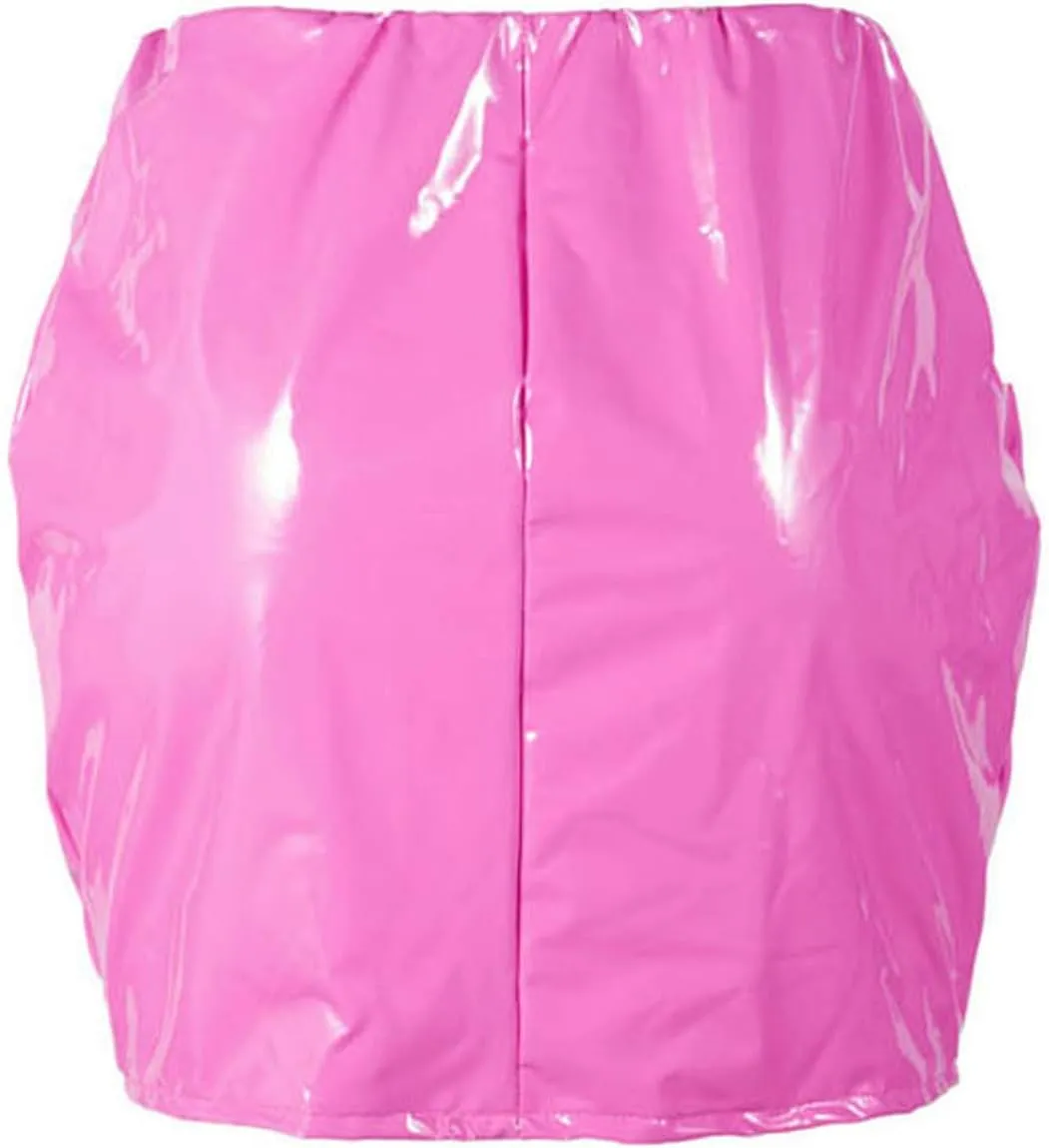 Springcmy Women Neon Leather Bodycon Mini Skirt Skirts Sexy Shiny Liquid Metallic Wet Look Latex Skirt