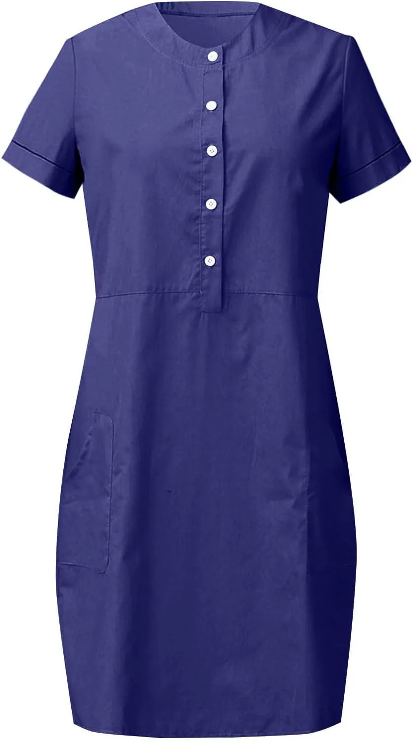 Summer Dresses for Women 2025 Button Front Short Sleeve Tshirt Dress Business Casual Sundresses with Pockets