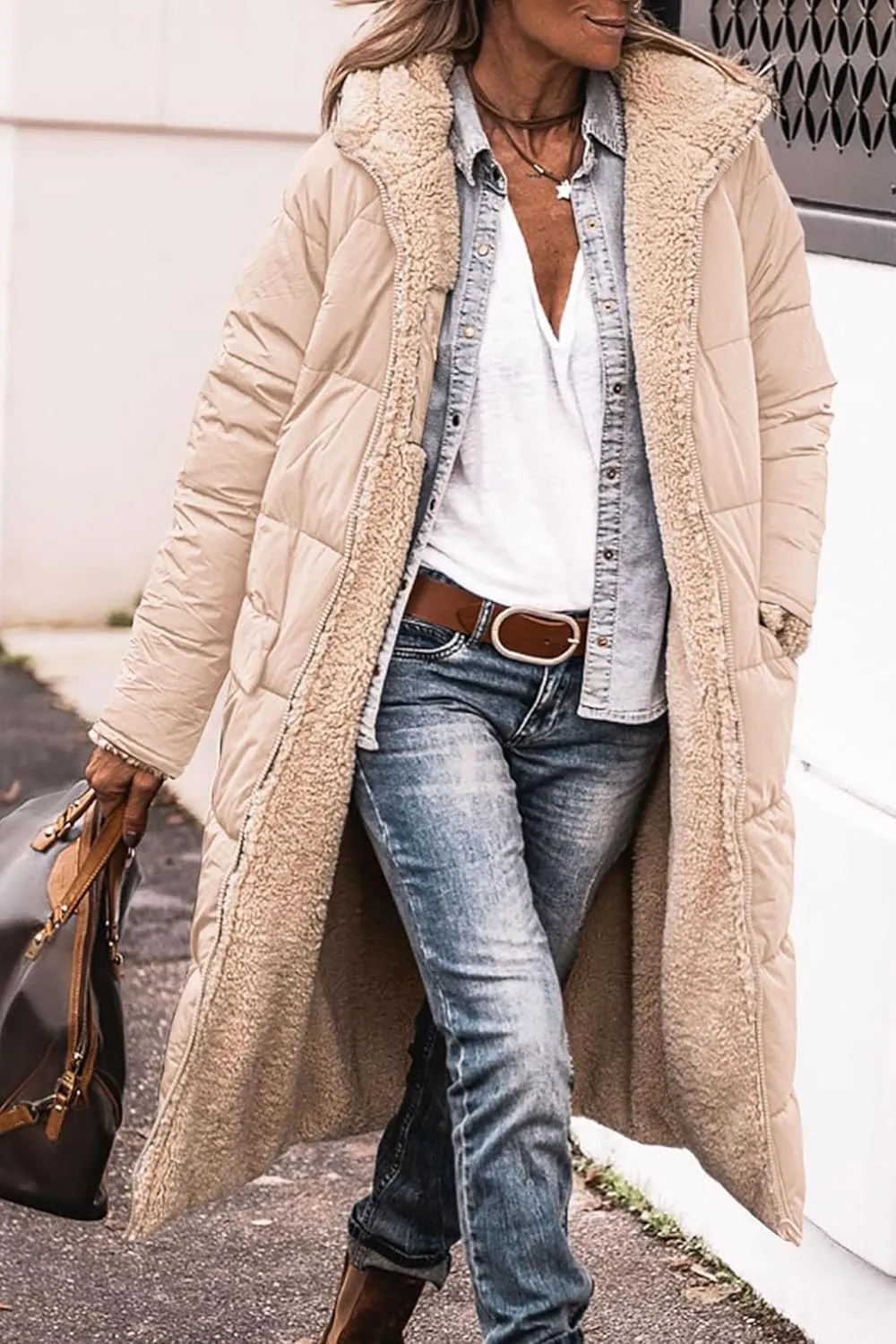 Thatrich Long Puffer Coat Women Casual Reversible Fleece Jacket Coats Loose Fit Windbreaked Winter Oversized Outfits Hooded