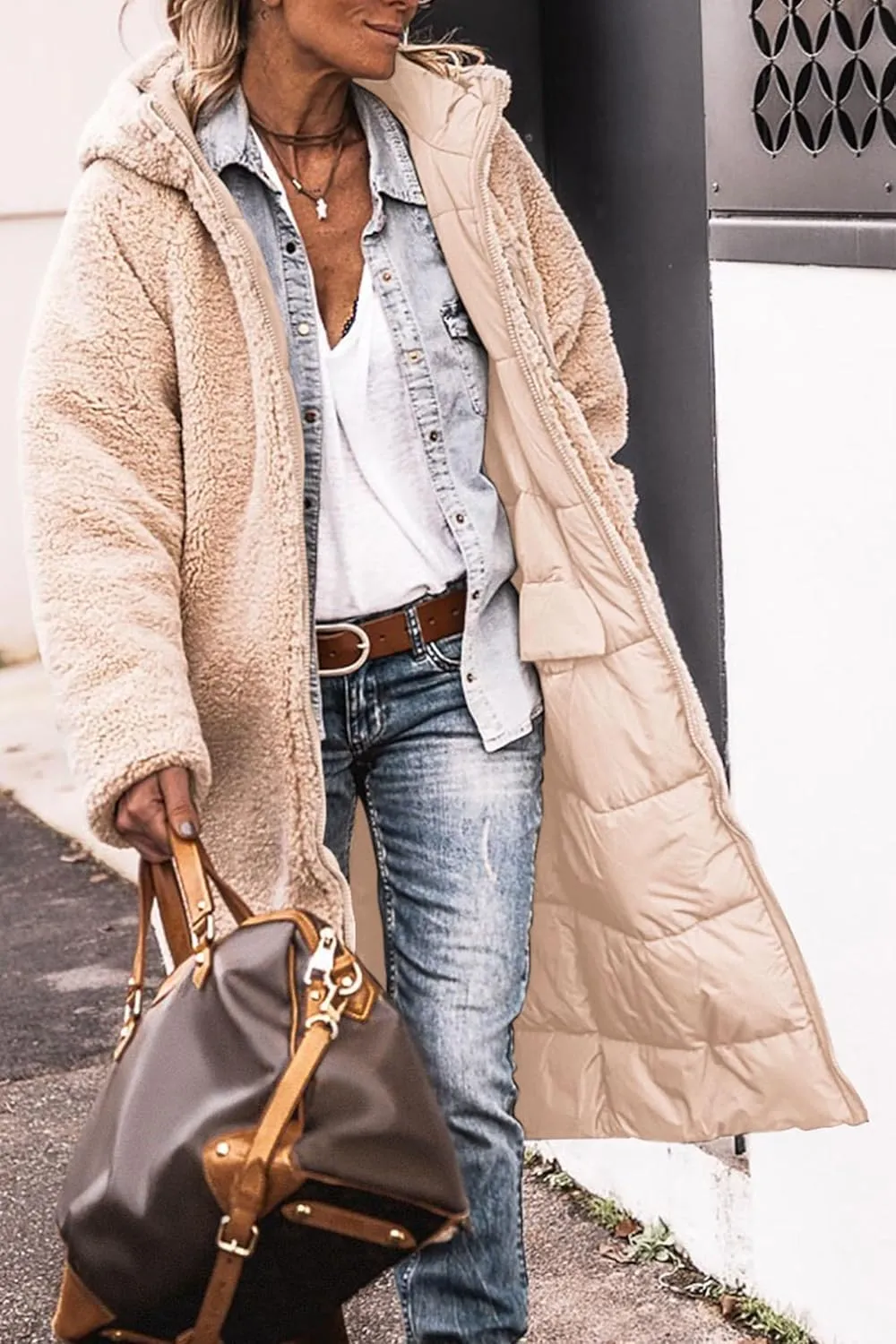 Thatrich Long Puffer Coat Women Casual Reversible Fleece Jacket Coats Loose Fit Windbreaked Winter Oversized Outfits Hooded
