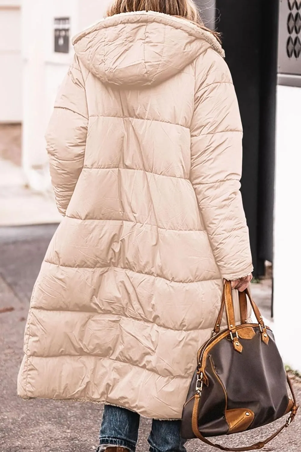 Thatrich Long Puffer Coat Women Casual Reversible Fleece Jacket Coats Loose Fit Windbreaked Winter Oversized Outfits Hooded
