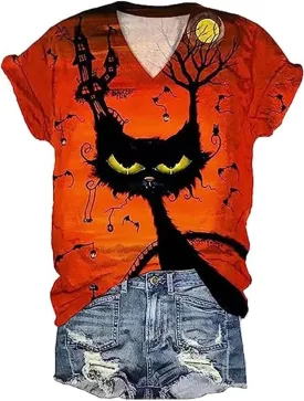 TIXOM Womens Fall Halloween Thanksgiving V Neck Shirt Holiday Funny Family Matching Graphic Tee Casual Autumn Tops