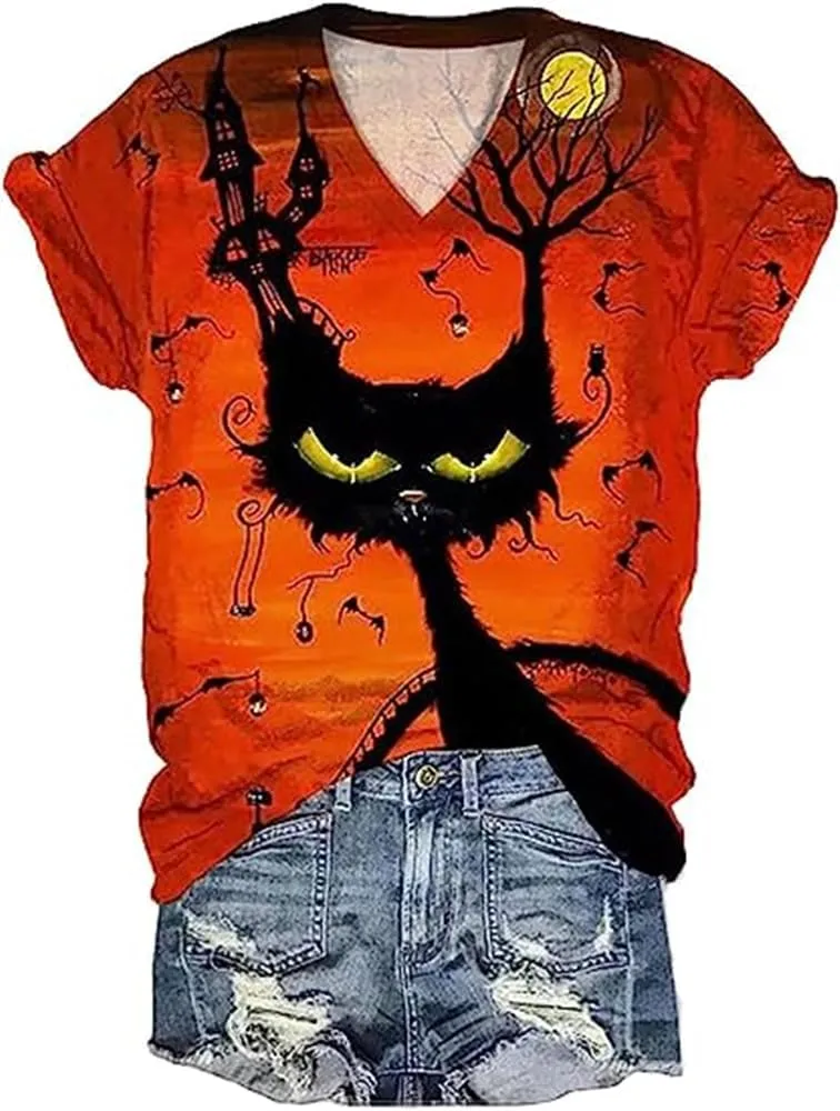 TIXOM Womens Fall Halloween Thanksgiving V Neck Shirt Holiday Funny Family Matching Graphic Tee Casual Autumn Tops
