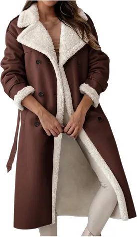 Trench Coat Women Fleece Sherpa Lined Jacket Notch Lapel Double Breasted Jacket with Belt Winter Warm Overcoat Outwear