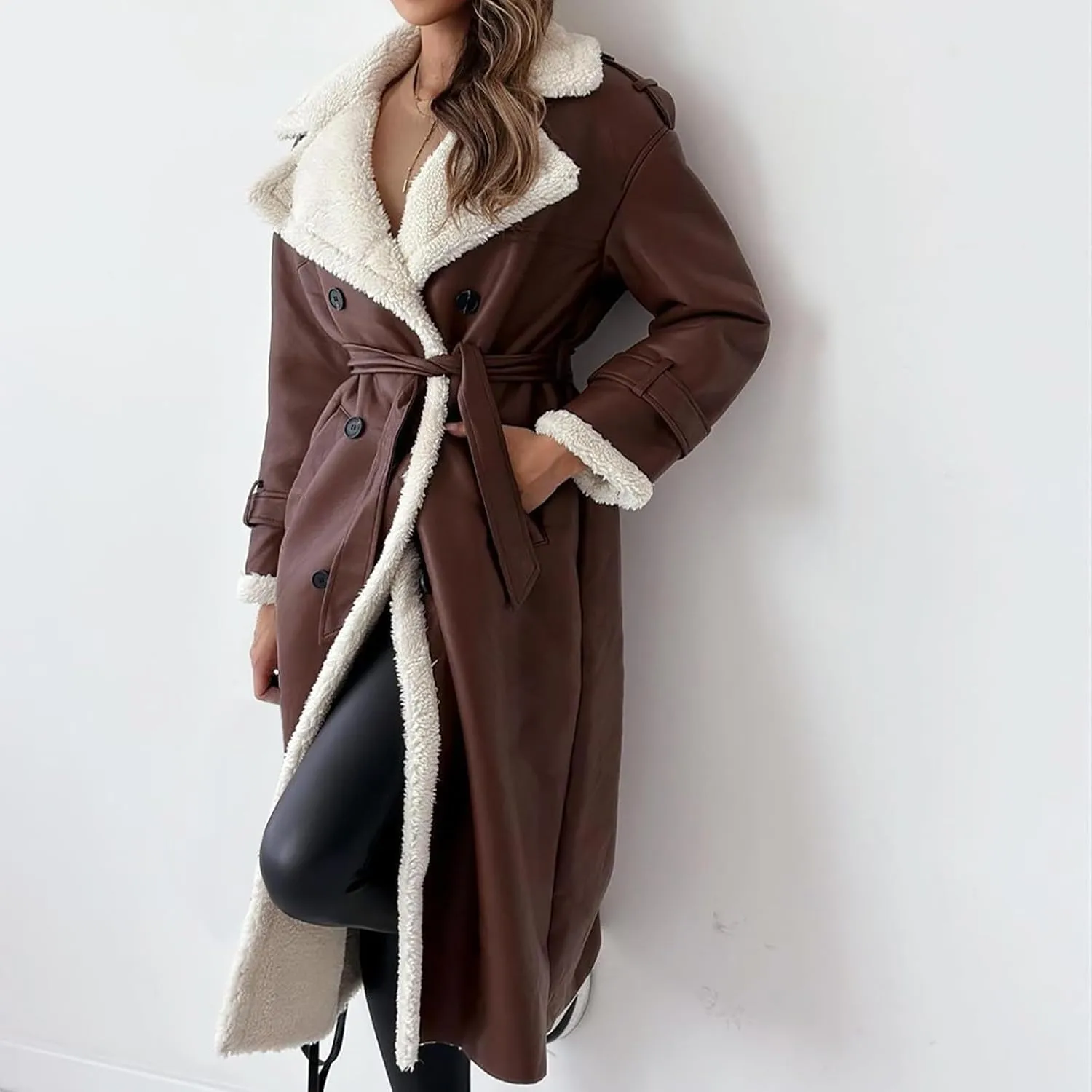 Trench Coat Women Fleece Sherpa Lined Jacket Notch Lapel Double Breasted Jacket with Belt Winter Warm Overcoat Outwear