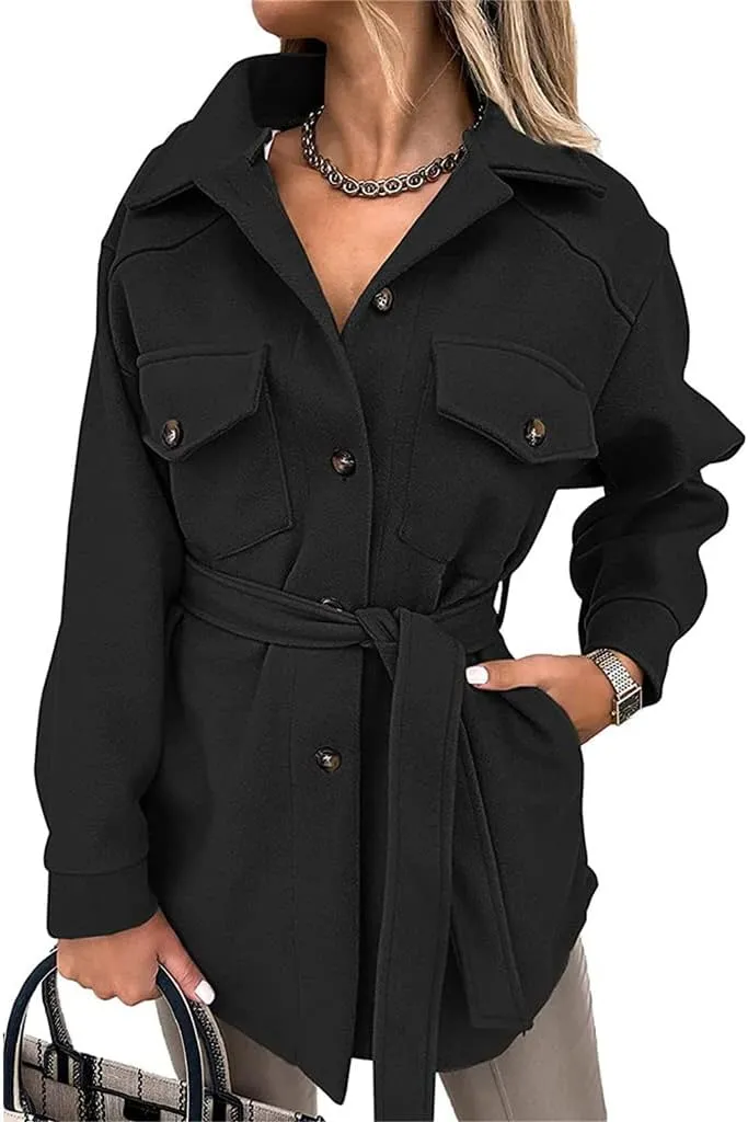 Trench Coat Women Long Sleeve Lapel Button Down Belted Jacket Outerwear Casual Peacoat Fall Outfit with Pocket Fashion