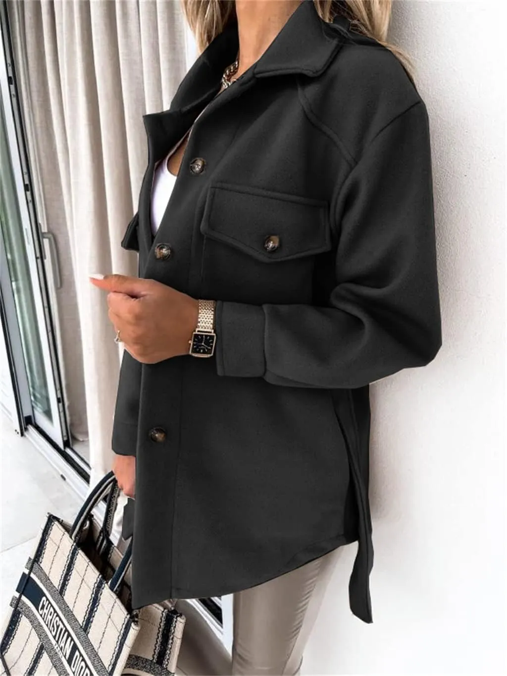 Trench Coat Women Long Sleeve Lapel Button Down Belted Jacket Outerwear Casual Peacoat Fall Outfit with Pocket Fashion