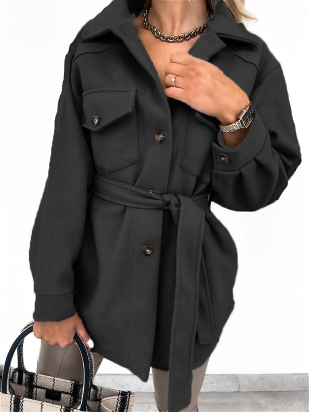 Trench Coat Women Long Sleeve Lapel Button Down Belted Jacket Outerwear Casual Peacoat Fall Outfit with Pocket Fashion