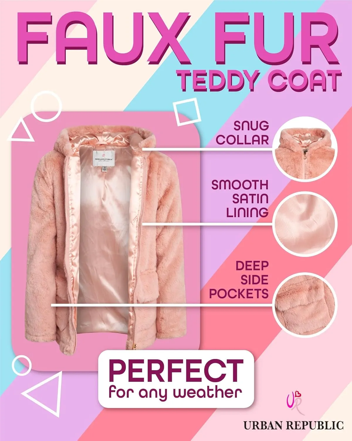 URBAN REPUBLIC Girls' Jacket - Faux Fur Plush Teddy Coat with Hood