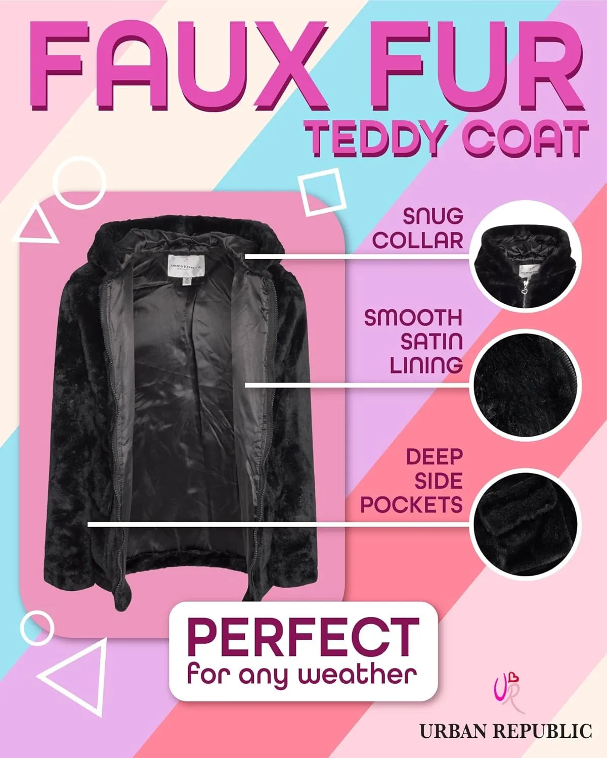URBAN REPUBLIC Girls' Jacket - Faux Fur Plush Teddy Coat with Hood