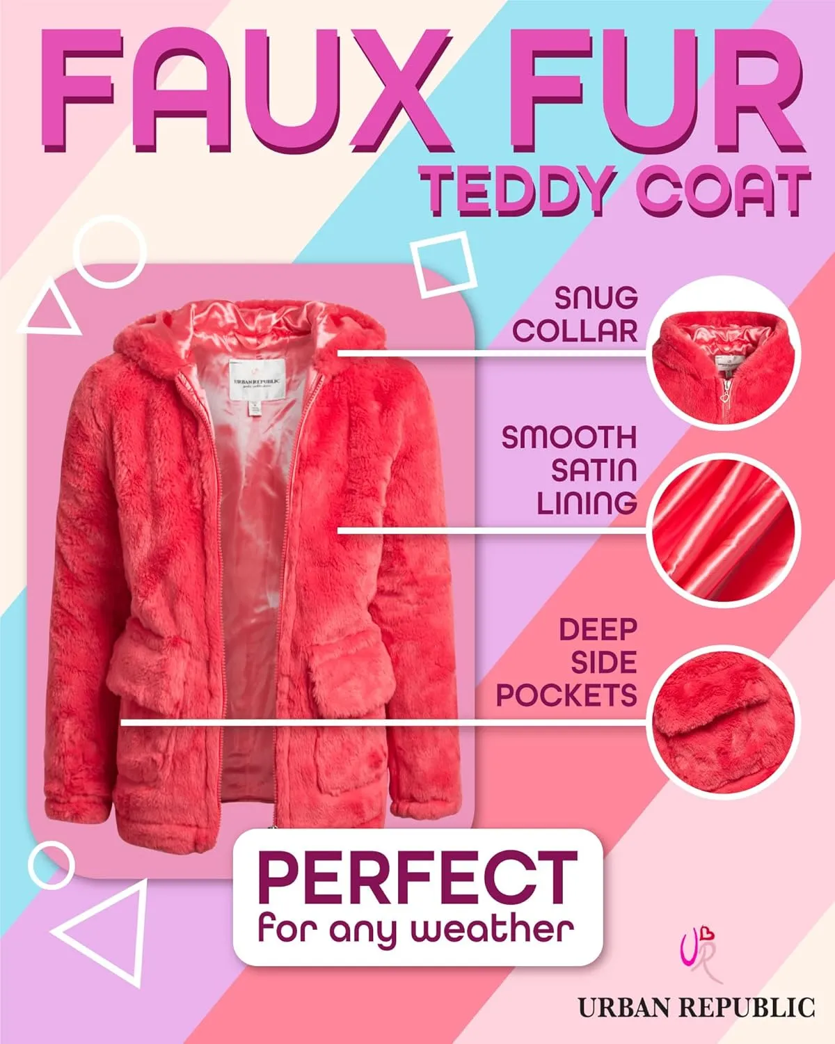 URBAN REPUBLIC Girls' Jacket - Faux Fur Plush Teddy Coat with Hood