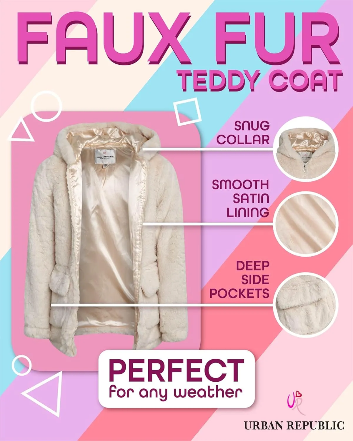 URBAN REPUBLIC Girls' Jacket - Faux Fur Plush Teddy Coat with Hood