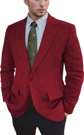 Vintage Mens Tweed Blazer Retro Wool Blend Suit Jackets Herringbone Two Button Sport Coat Prom Business Casual Wedding