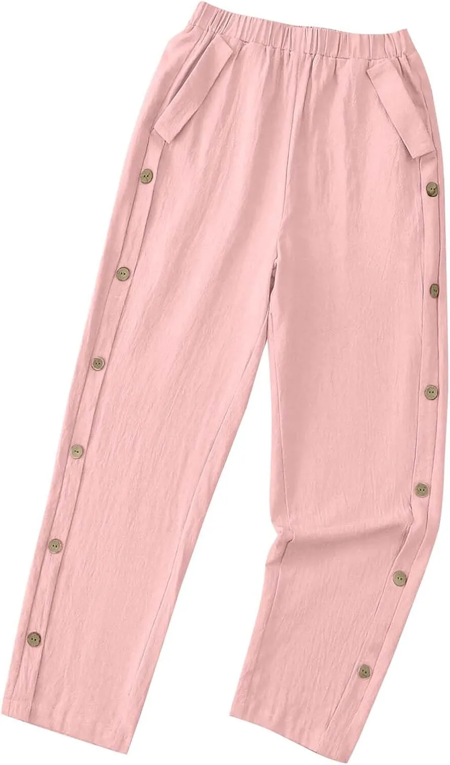 Women Summer Linen Pants Lightweight Elastic Waist Pants Vacation Beach Trouser Side Button Closure Joggers