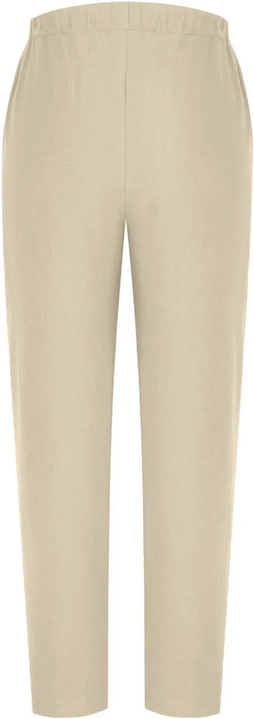 Women Summer Linen Pants Lightweight Elastic Waist Pants Vacation Beach Trouser Side Button Closure Joggers