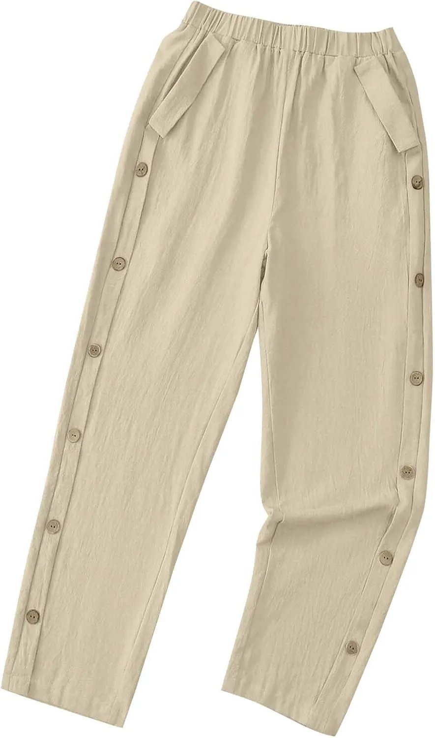 Women Summer Linen Pants Lightweight Elastic Waist Pants Vacation Beach Trouser Side Button Closure Joggers