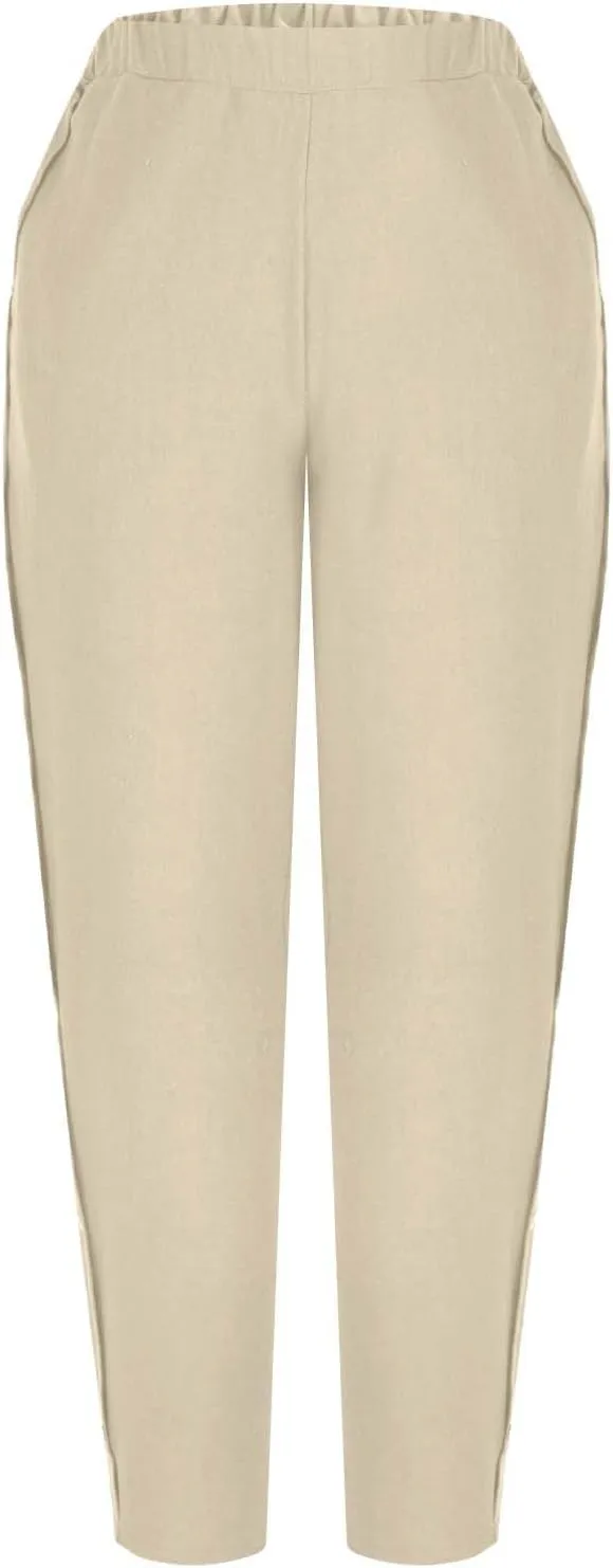 Women Summer Linen Pants Lightweight Elastic Waist Pants Vacation Beach Trouser Side Button Closure Joggers