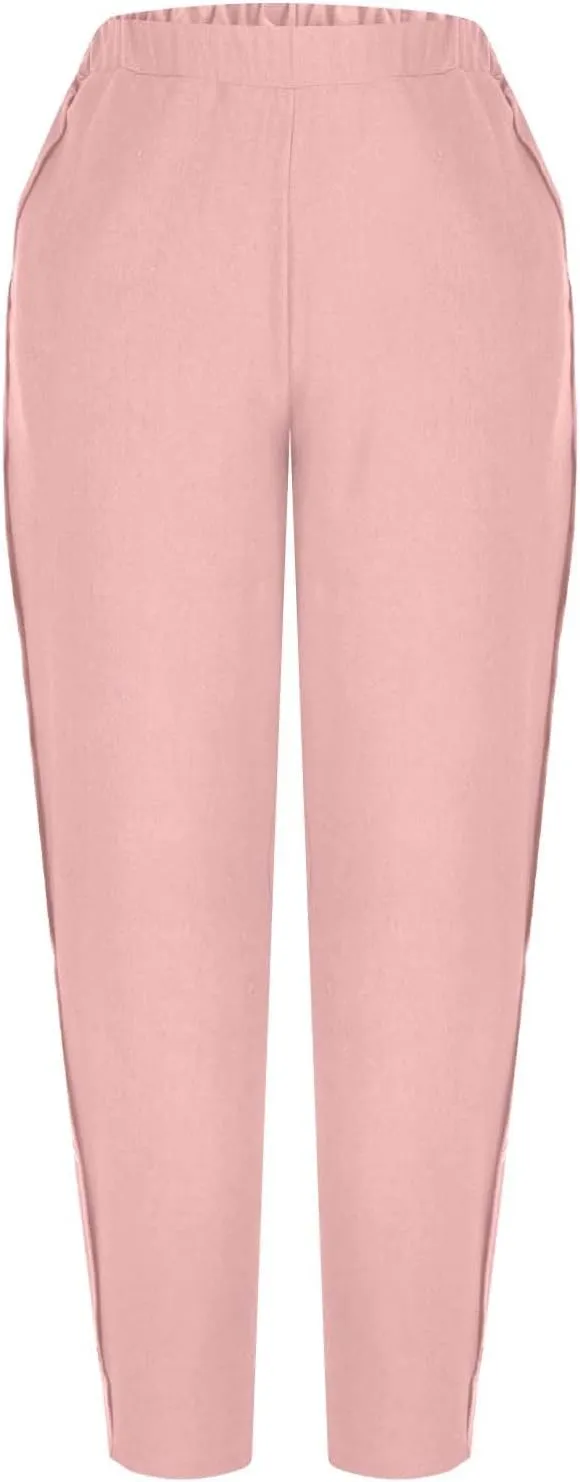 Women Summer Linen Pants Lightweight Elastic Waist Pants Vacation Beach Trouser Side Button Closure Joggers