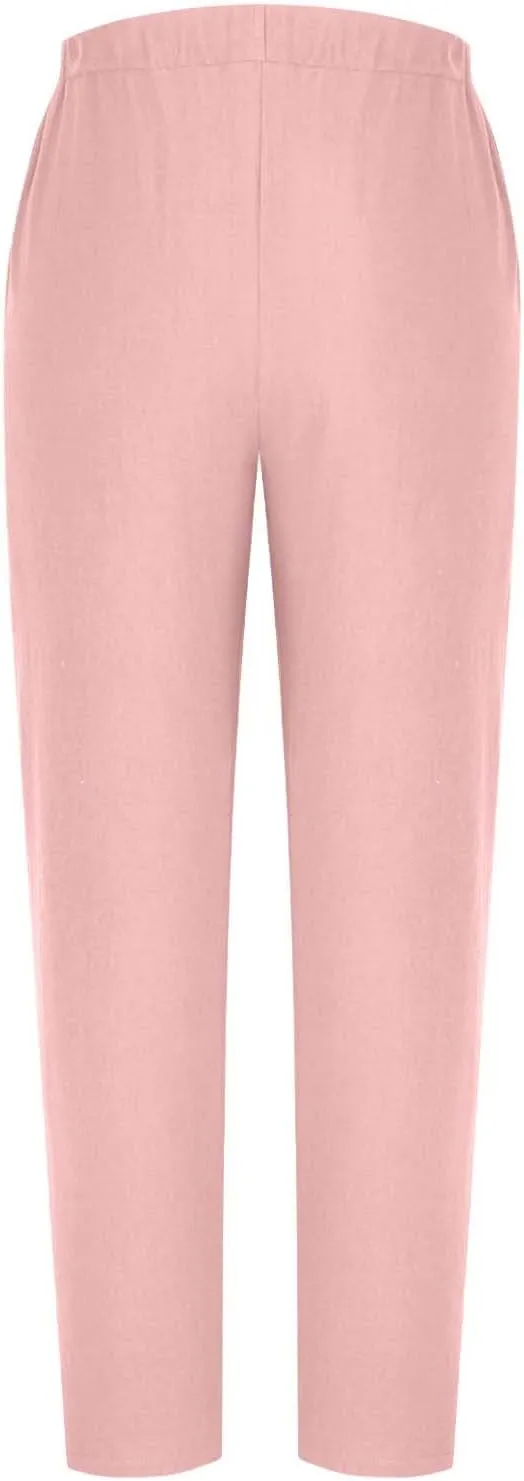 Women Summer Linen Pants Lightweight Elastic Waist Pants Vacation Beach Trouser Side Button Closure Joggers