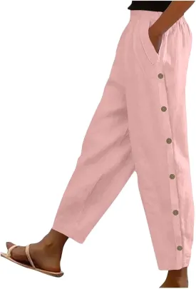 Women Summer Linen Pants Lightweight Elastic Waist Pants Vacation Beach Trouser Side Button Closure Joggers
