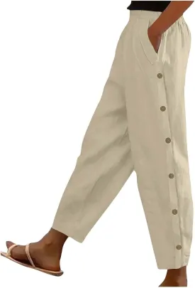 Women Summer Linen Pants Lightweight Elastic Waist Pants Vacation Beach Trouser Side Button Closure Joggers
