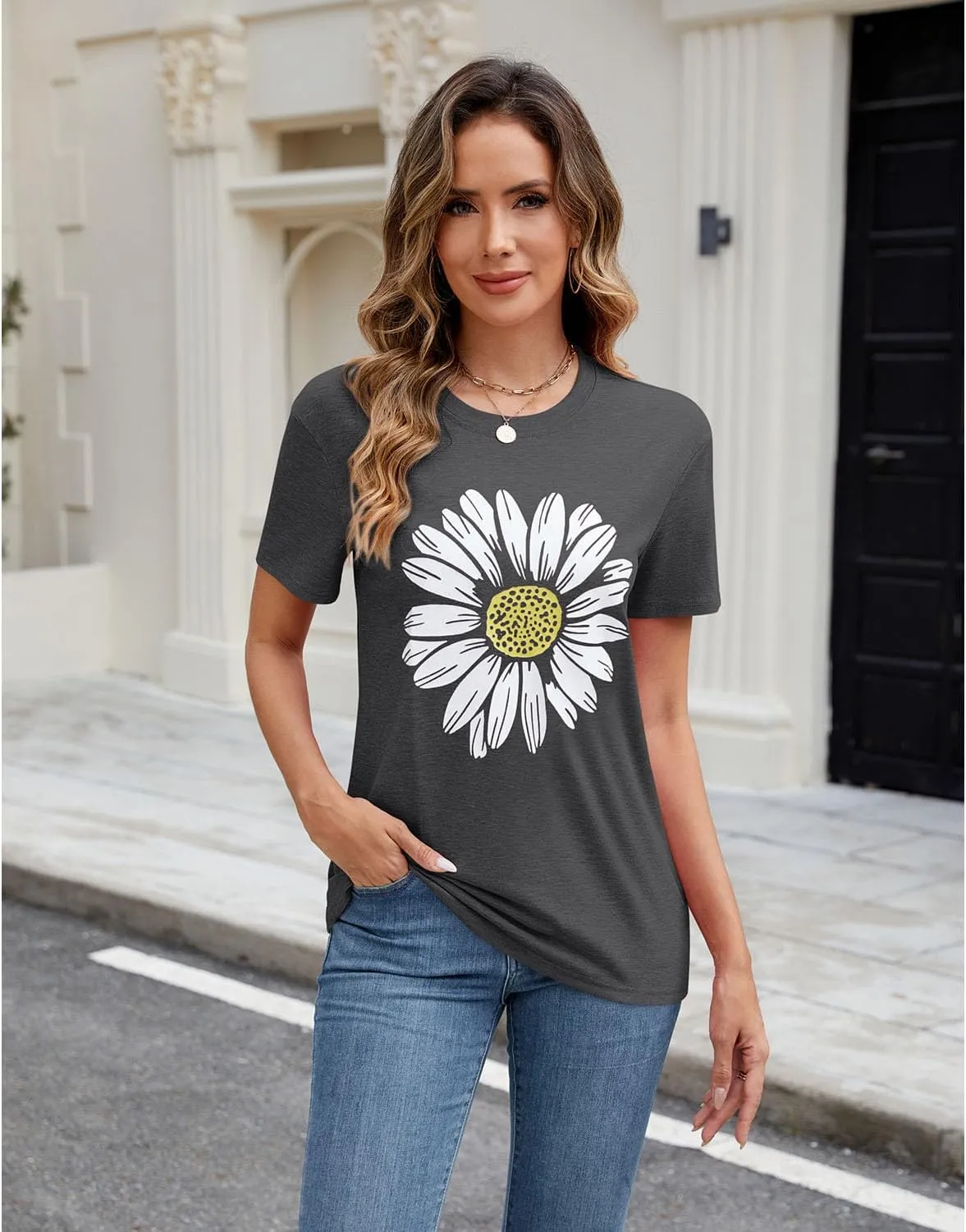 Women Trendy Tops Sunflower Graphic Loose Summer Tees T-Shirts Blouse