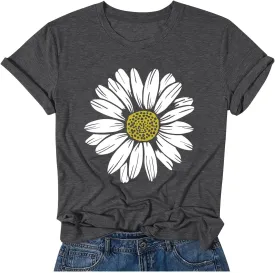 Women Trendy Tops Sunflower Graphic Loose Summer Tees T-Shirts Blouse