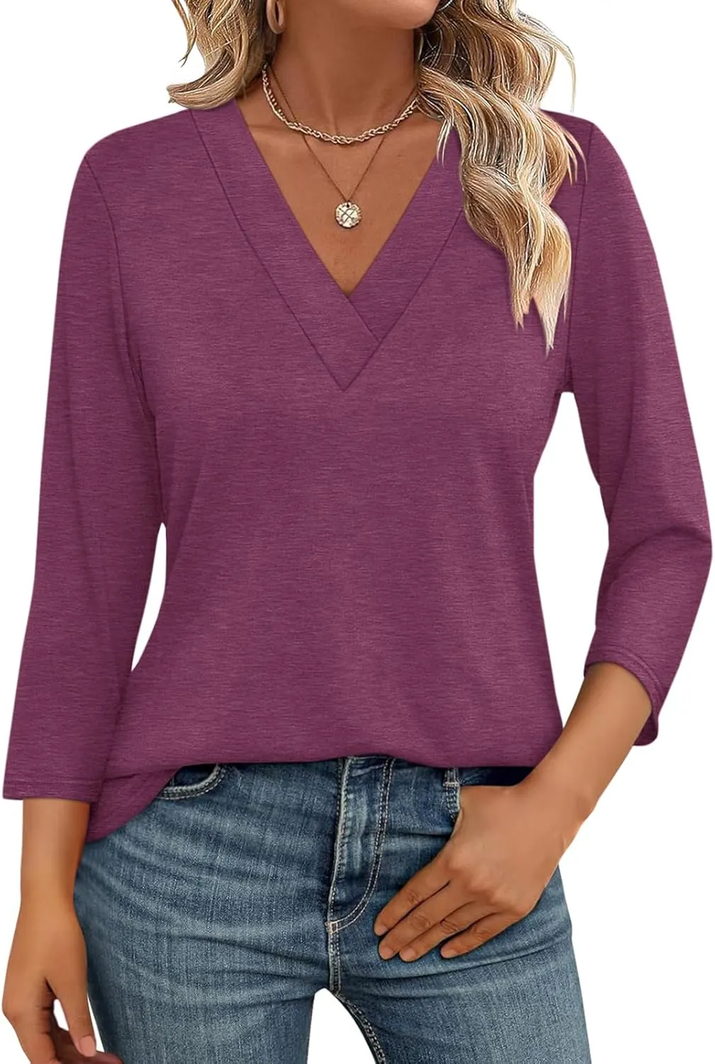 Women's 3/4 Sleeve Shirts V Neck Summer Tops Casual Tunics Tops Basic Tees Blouse Loose Fit