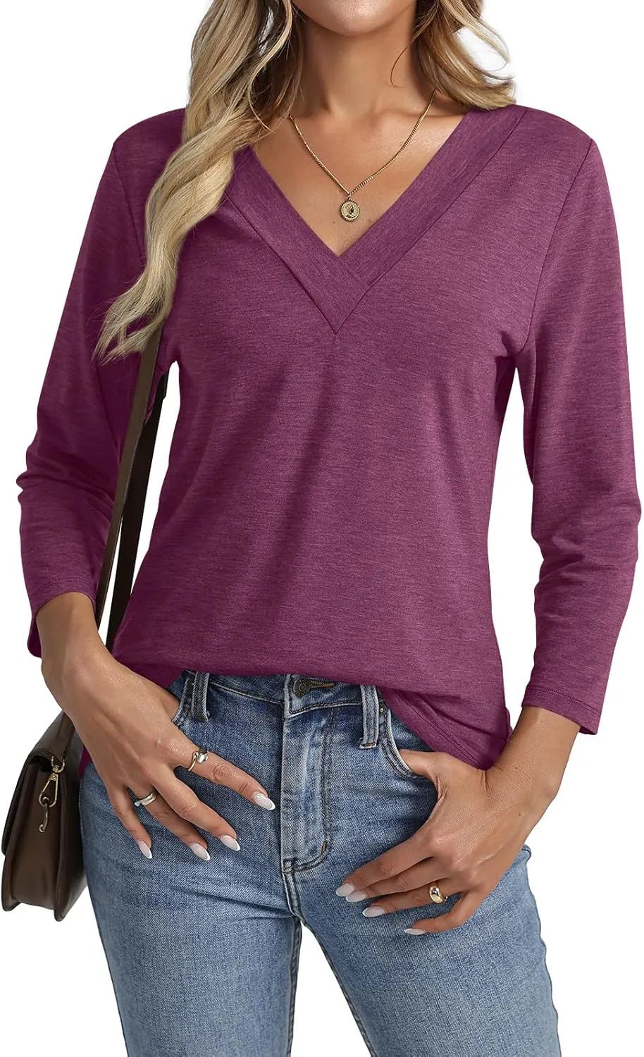 Women's 3/4 Sleeve Shirts V Neck Summer Tops Casual Tunics Tops Basic Tees Blouse Loose Fit