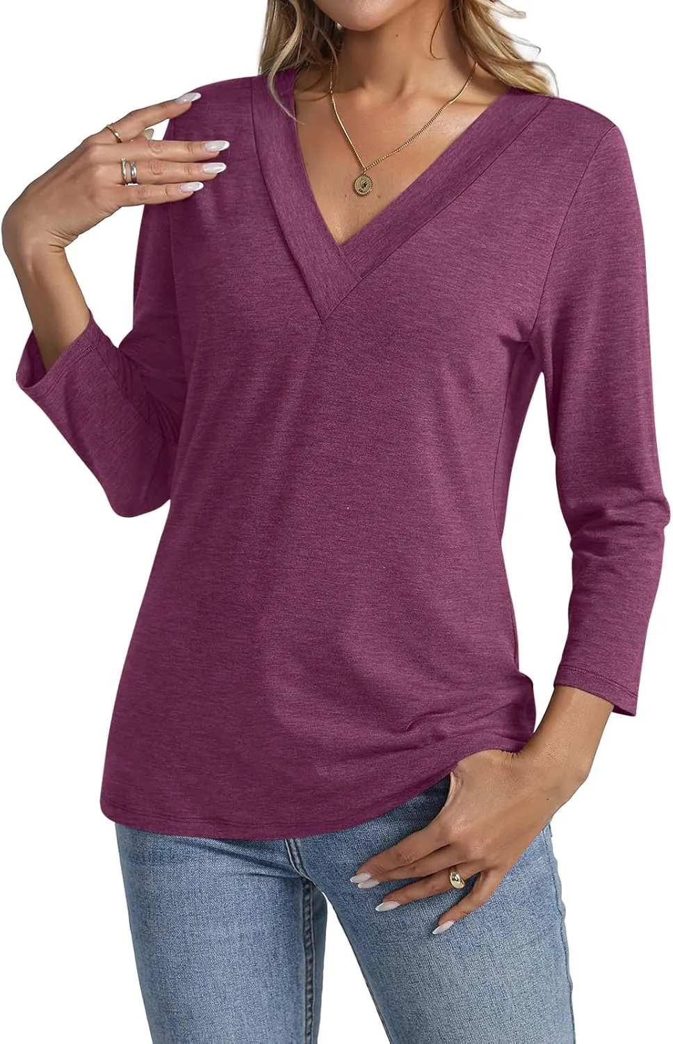 Women's 3/4 Sleeve Shirts V Neck Summer Tops Casual Tunics Tops Basic Tees Blouse Loose Fit