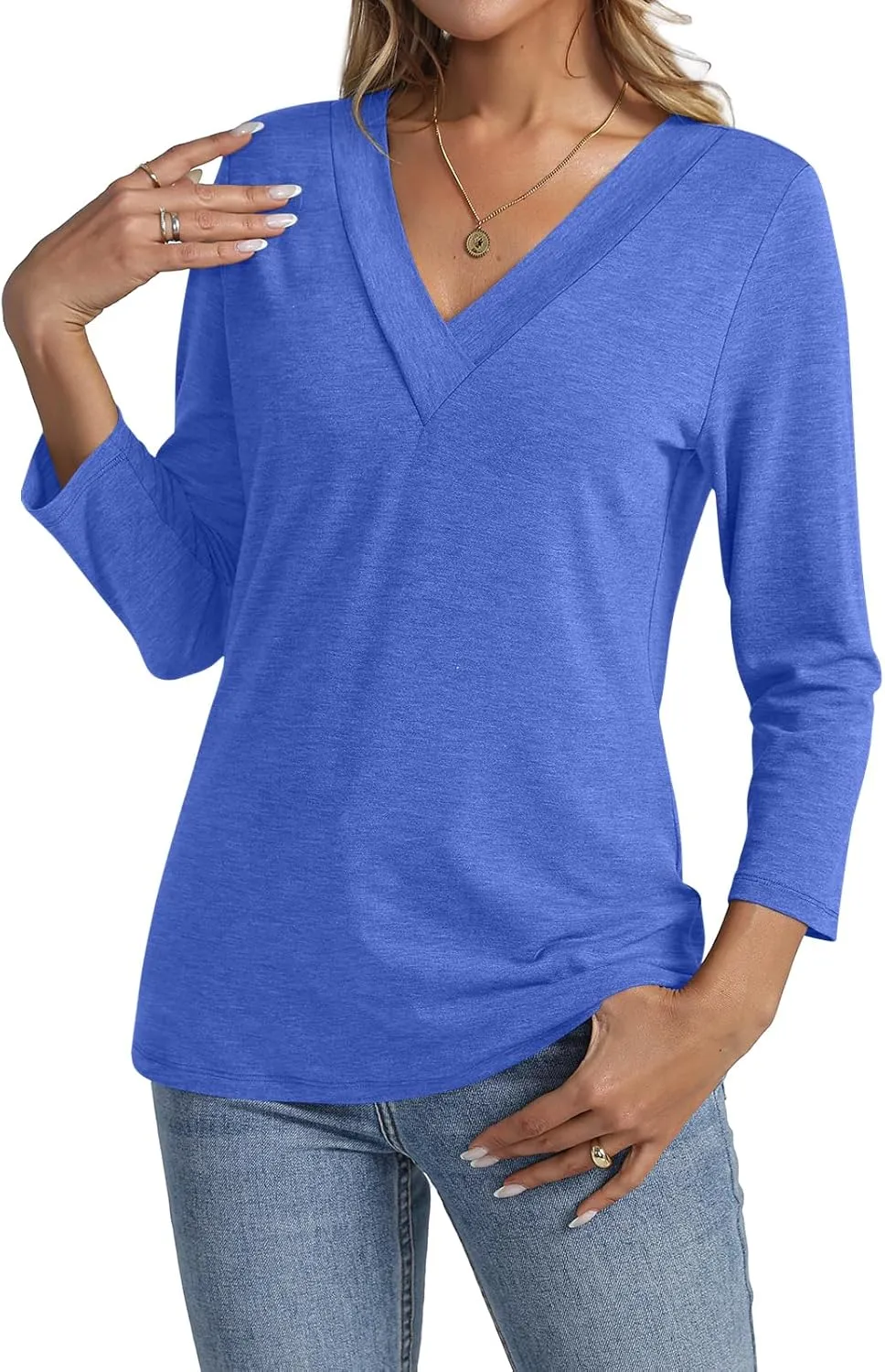Women's 3/4 Sleeve Shirts V Neck Summer Tops Casual Tunics Tops Basic Tees Blouse Loose Fit