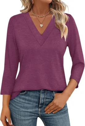 Women's 3/4 Sleeve Shirts V Neck Summer Tops Casual Tunics Tops Basic Tees Blouse Loose Fit